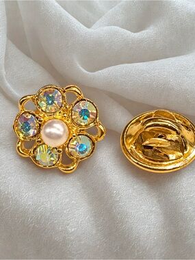 Dainty Round Aurora Borealis Rhinestone Faux Pearl Lapel Pin Brooch Tack Pin